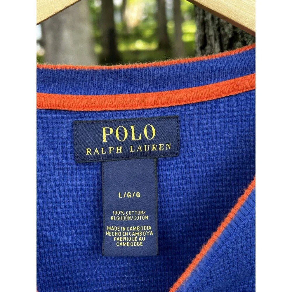 Polo Ralph Lauren Waffle Weave Thermal Shirt Size Large Blue Long Sleeve Logo